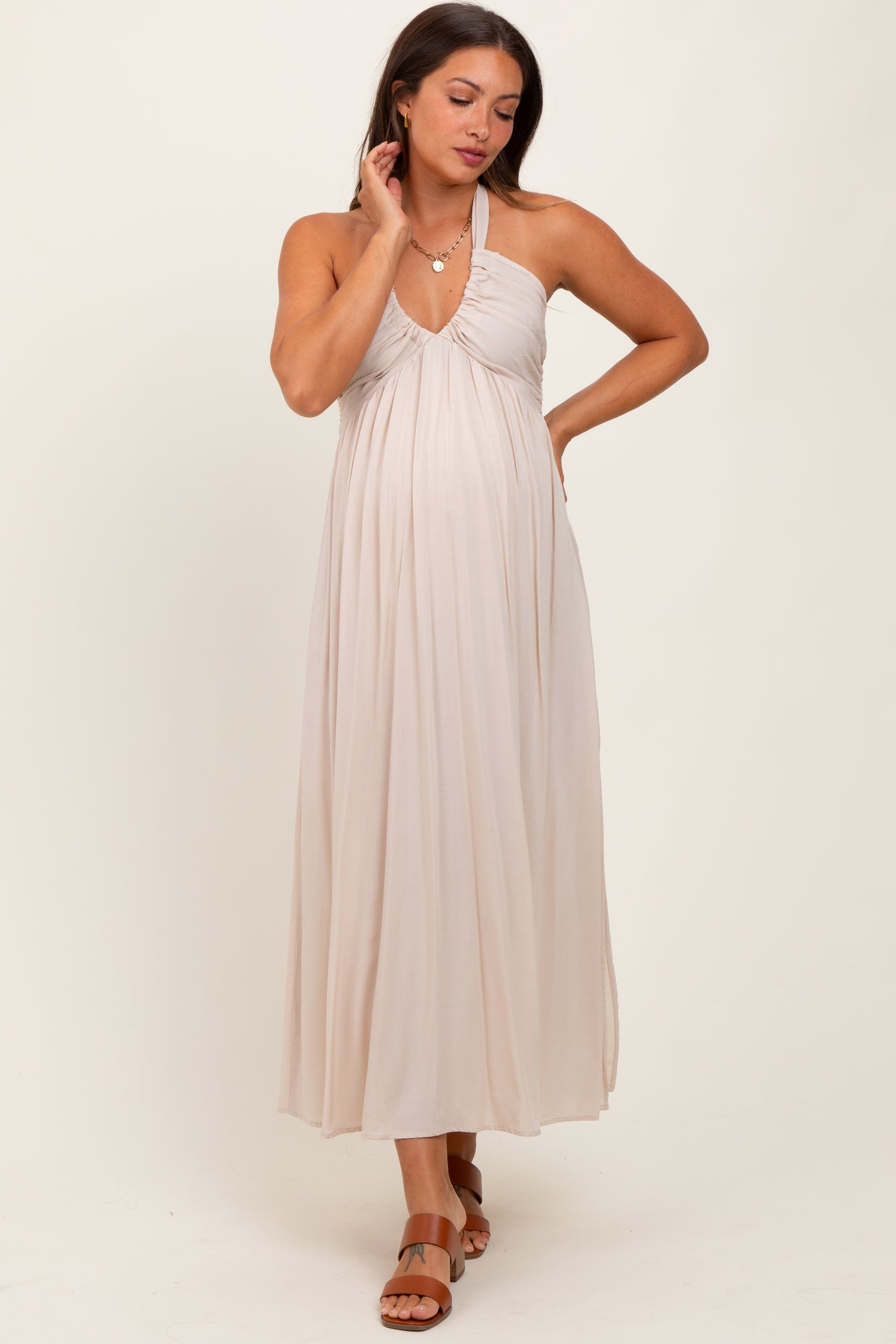 Cream Halter Neck Side Slit Maternity Midi Dress
