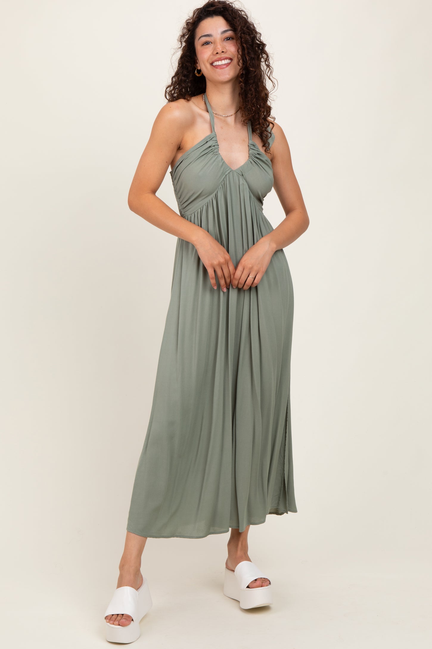 Light Olive Halter Neck Side Slit Maternity Midi Dress
