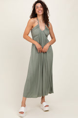 Light Olive Halter Neck Side Slit Maternity Midi Dress