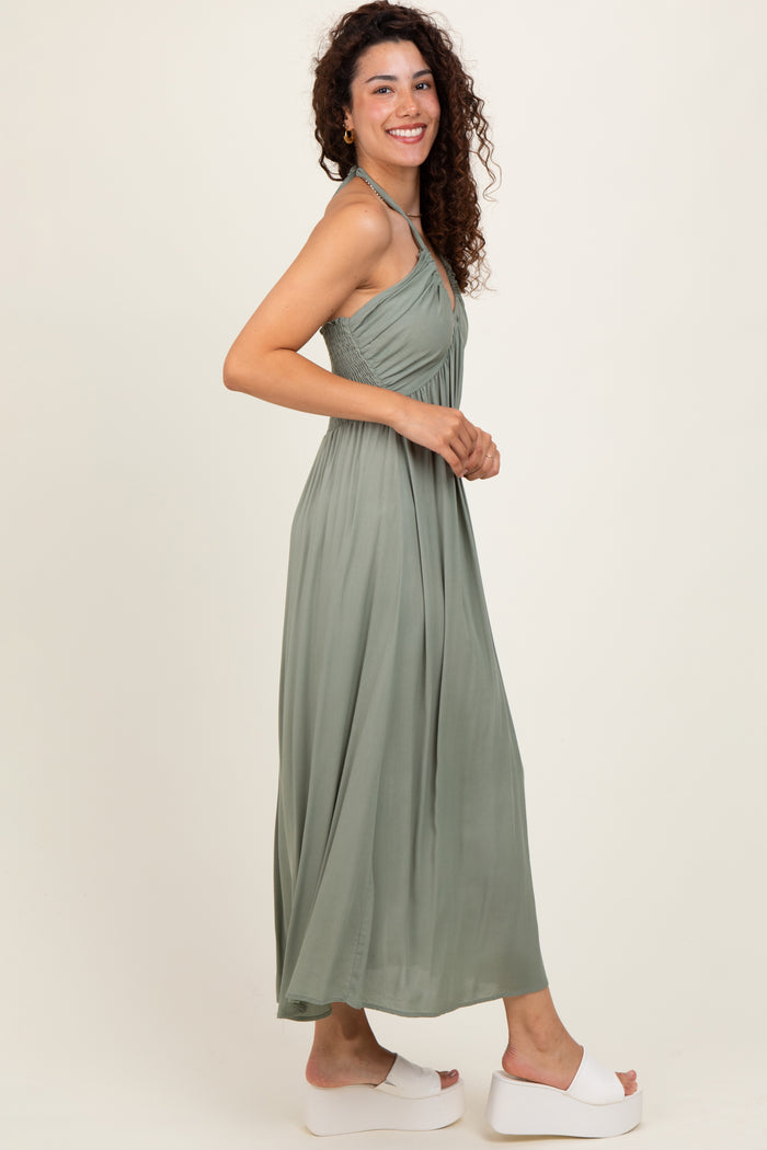 Light Olive Halter Neck Side Slit Midi Dress
