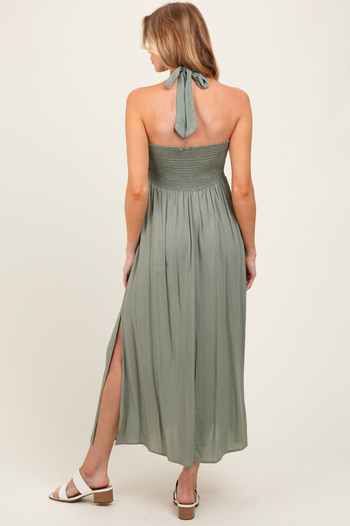 Light Olive Halter Neck Side Slit Maternity Midi Dress