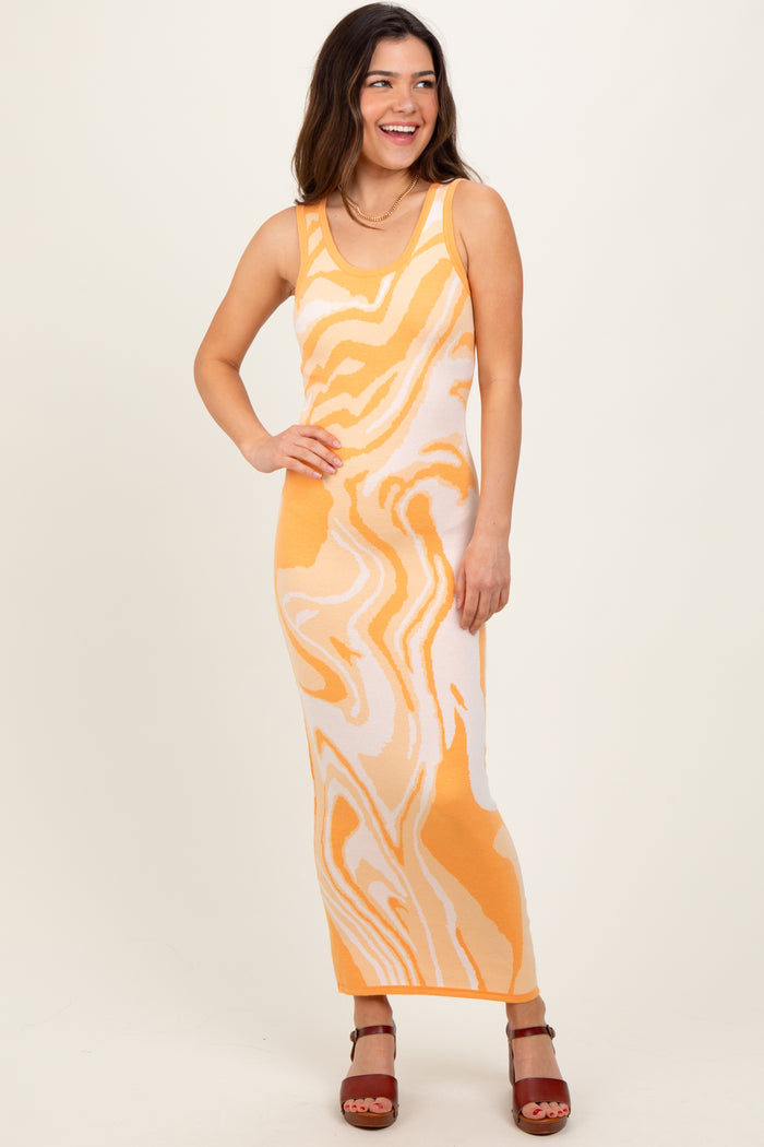 Yellow Abstract Print Knit Fitted Midi Dress