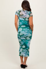 Green Floral Mesh Overlay Fitted Maternity Maxi Dress