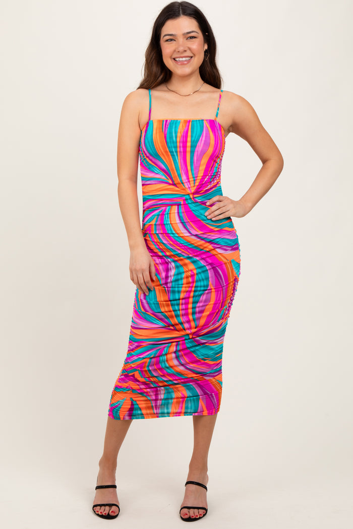 Multicolor Abstract Print Ruched Fitted Midi Dress