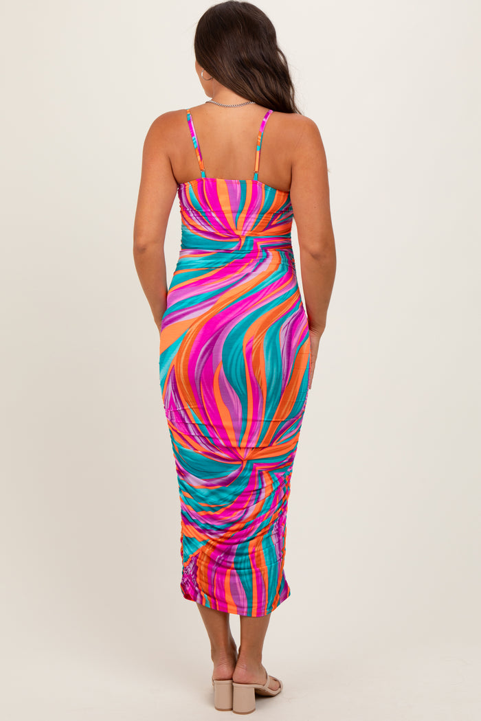 Multicolor Abstract Print Ruched Fitted Maternity Midi Dress