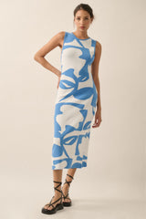 Blue Abstract Print Knit Sleeveless Midi Dress