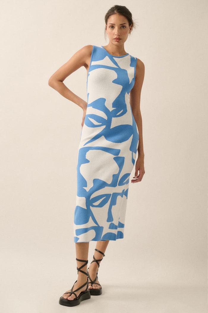 Blue Abstract Print Knit Sleeveless Midi Dress