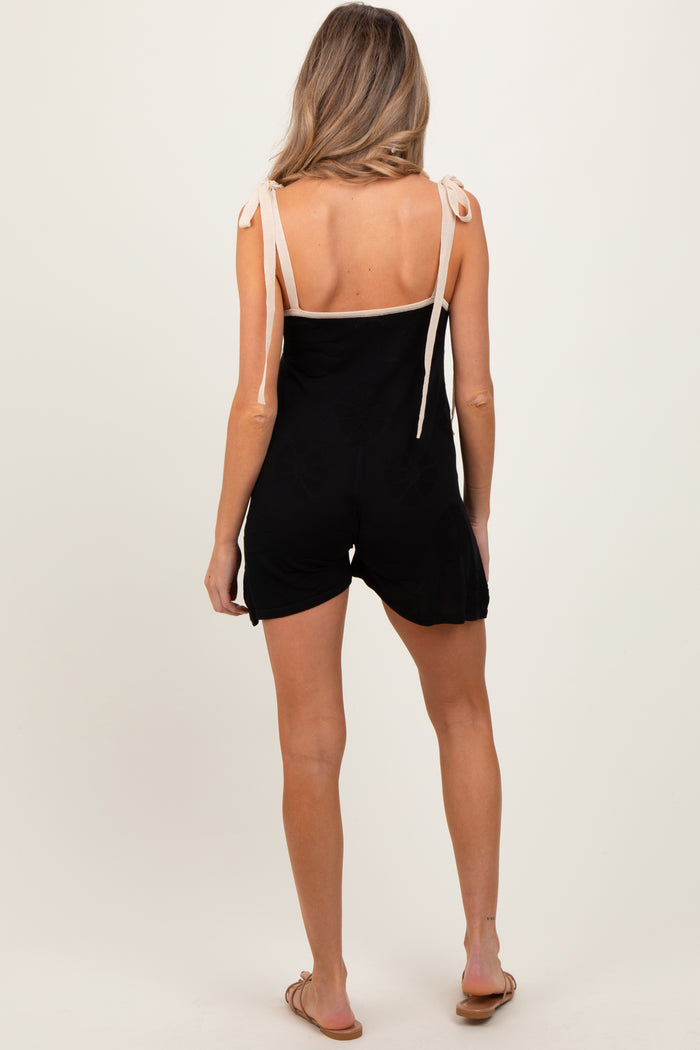 Black Floral Jacquard Knit Shoulder Tie Maternity Romper