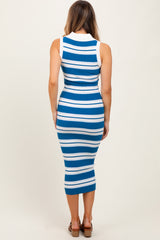 Blue Striped Knit Sleeveless Polo Midi Dress