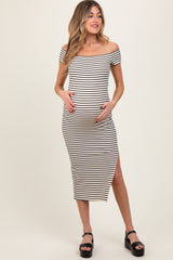 Black Striped Ribbed Off Shoulder Maternity Midi Dress