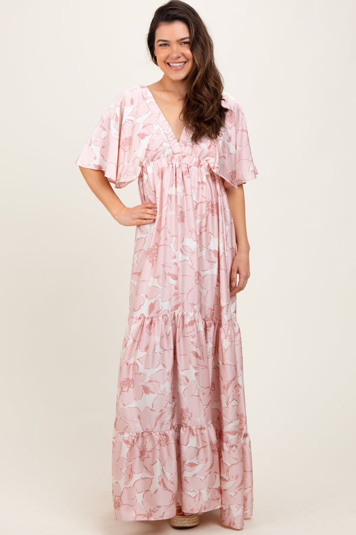 Pink Floral Short Sleeve Deep V-Neck Tiered Maternity Maxi Dress