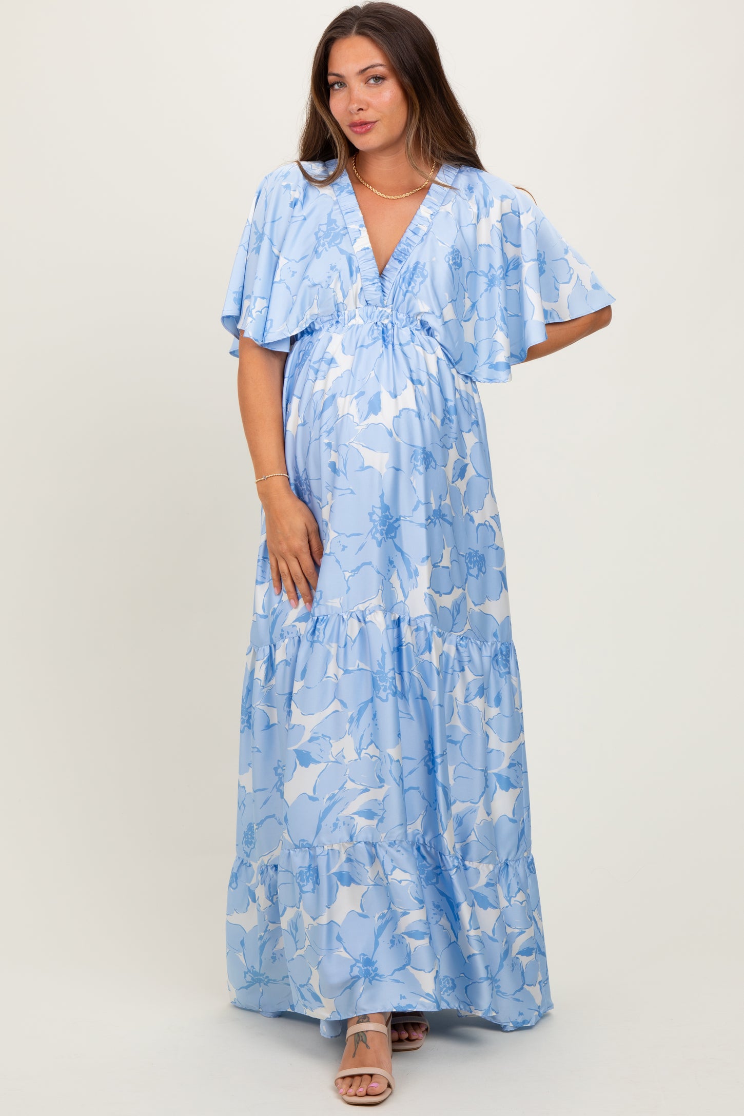 Light Blue Floral Short Sleeve Deep V-Neck Tiered Maternity Maxi Dress