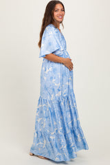 Light Blue Floral Short Sleeve Deep V-Neck Tiered Maternity Maxi Dress