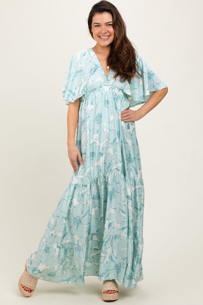 Sage Floral Short Sleeve Deep V-Neck Tiered Maternity Maxi Dress