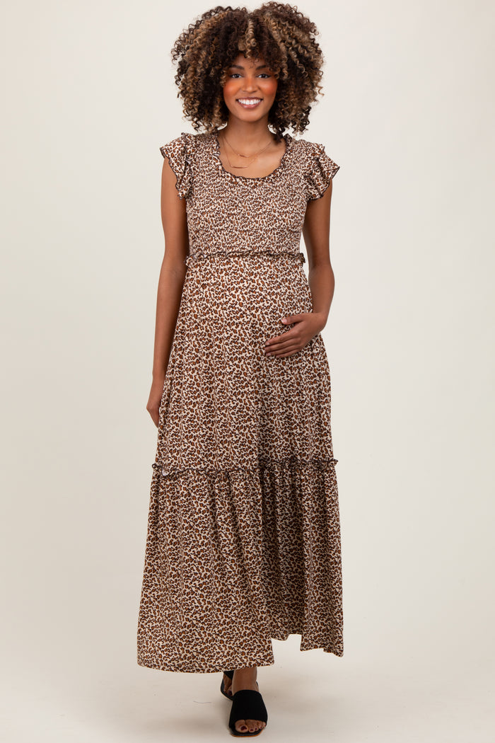 Mocha Leopard Print Ruffle Sleeve Tiered Maternity Maxi Dress