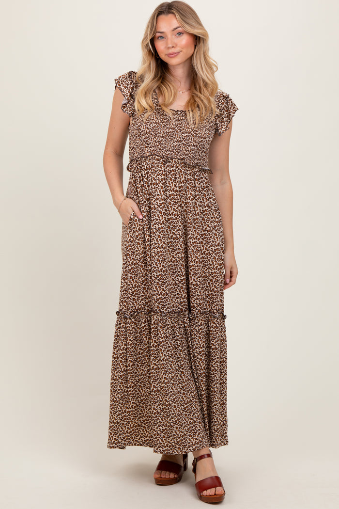Mocha Leopard Print Ruffle Sleeve Tiered Maternity Maxi Dress
