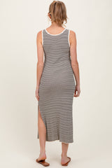 Black Striped Sleeveless Side Slit Maternity Midi Dress