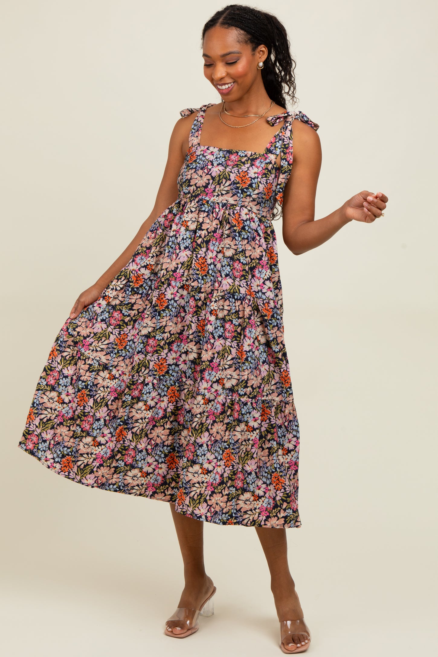 Navy Floral Shoulder Tie Maternity Midi Dress