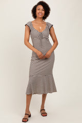 Beige Striped Front Tie Lace Trim Fitted Maternity Midi Dress