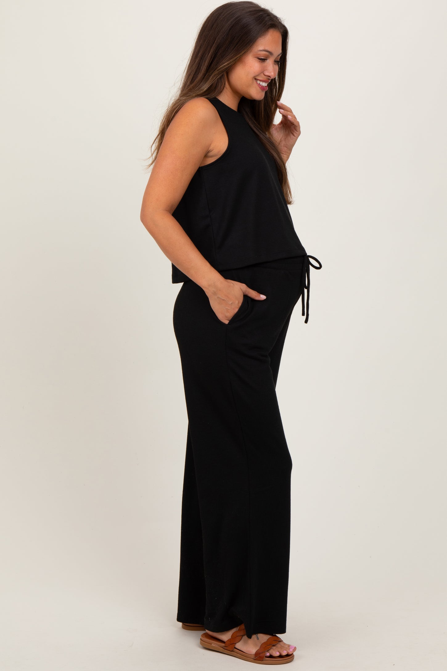 Black Sleeveless Top And Wide Leg Pants Maternity Set