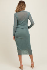 Light Olive Shimmer Mesh Long Sleeve Ruched Maternity Midi Dress