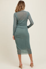 Light Olive Shimmer Mesh Long Sleeve Ruched Maternity Midi Dress
