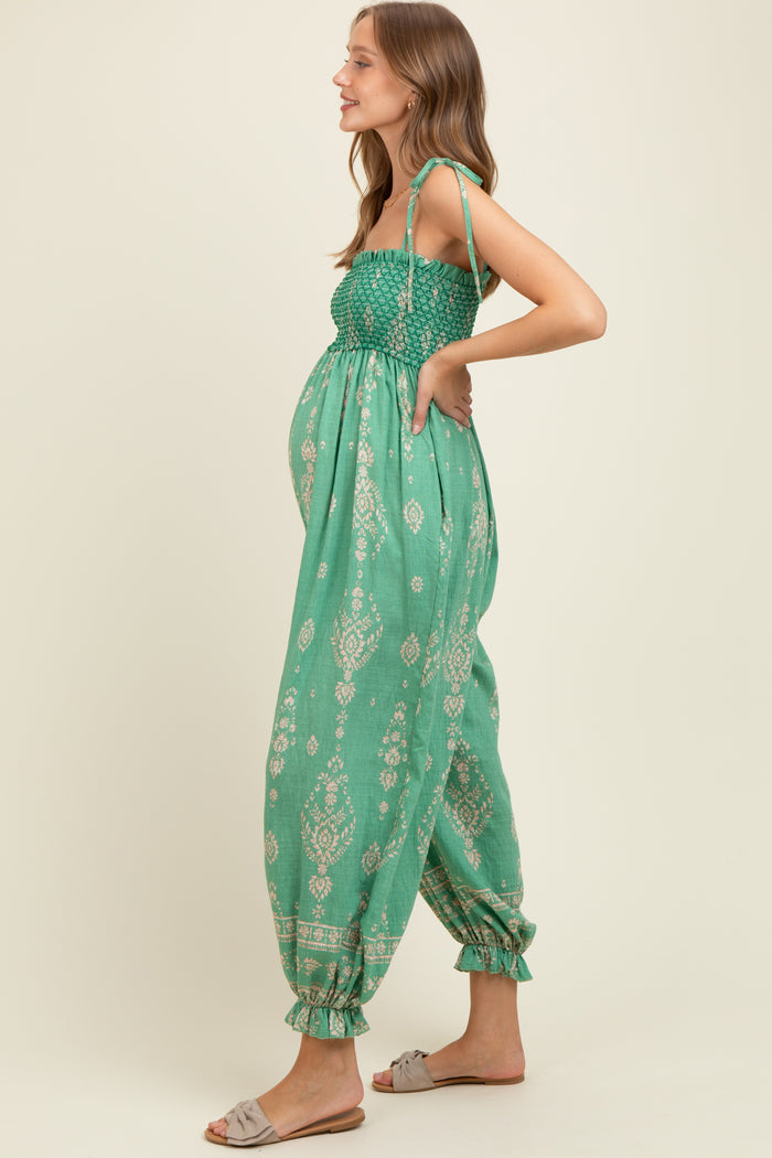 Green Printed Smocked Shoulder Tie Maternity Jumpsuit