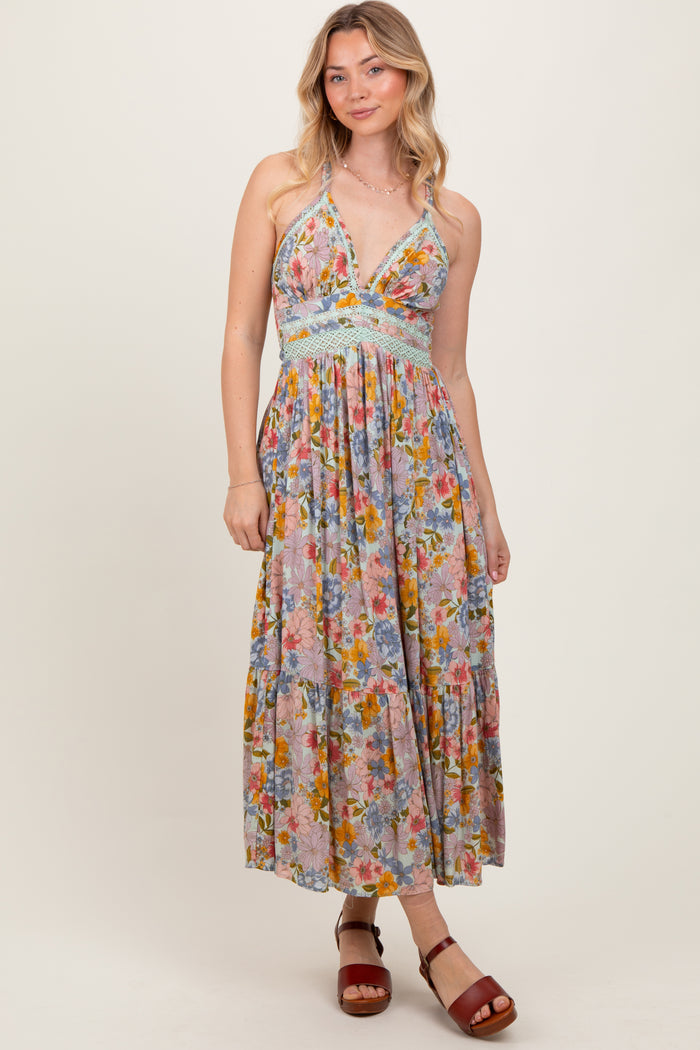 Muticolor Floral Double Strap Lace Trim Maternity Midi Dress