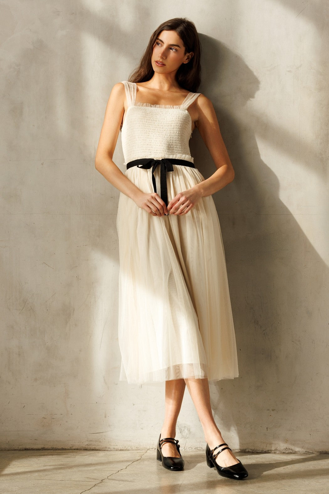 Cream Smocked Contrast Sash Ruffle Tulle Maternity Midi Dress