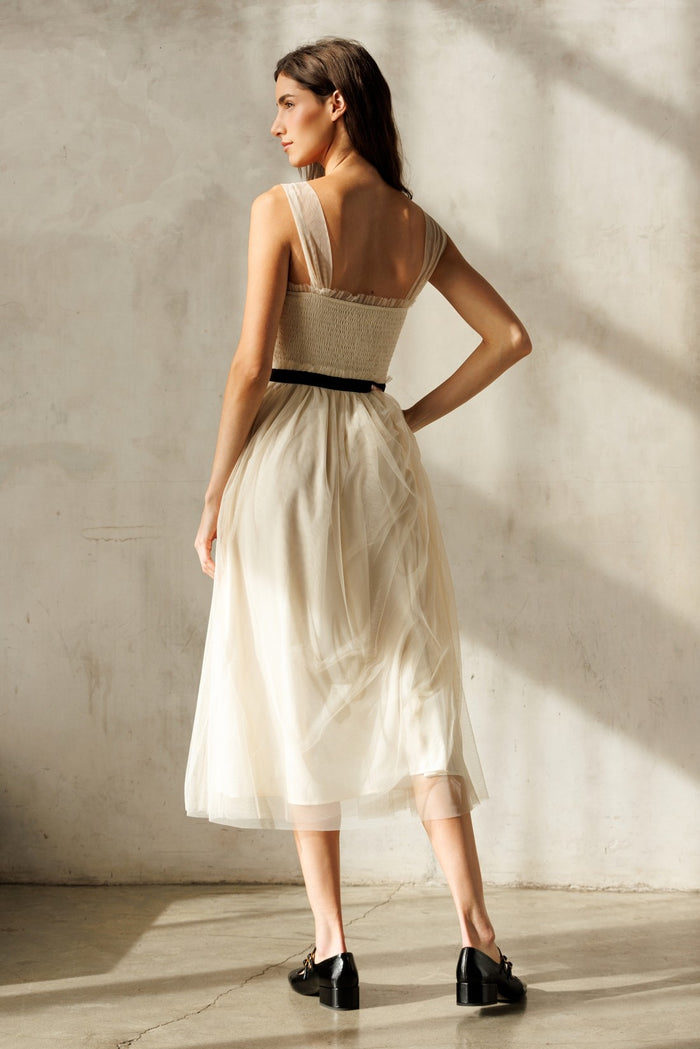 Cream Smocked Contrast Sash Ruffle Tulle Midi Dress