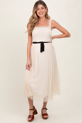 Cream Smocked Contrast Sash Ruffle Tulle Maternity Midi Dress