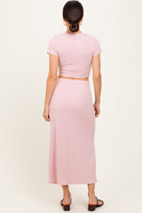 Light Pink Ribbed Knit Crop Tee Maxi Skirt Set