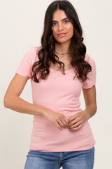 Light Pink Ribbed Scoop Neck Short Sleeve Top