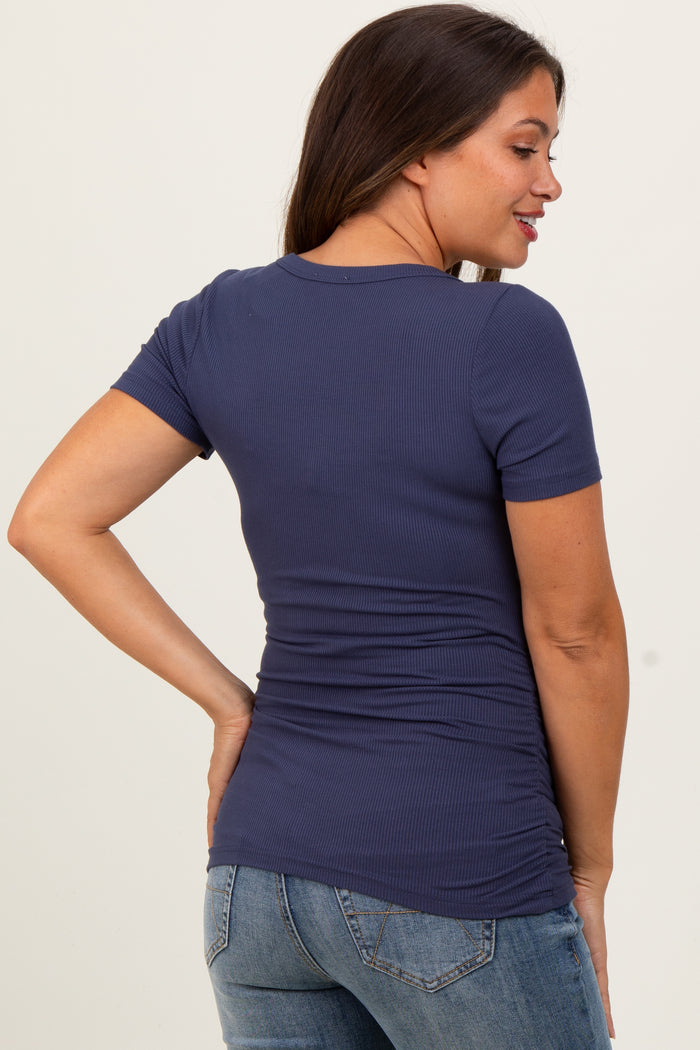 Navy Ribbed Scoop Neck Short Sleeve Maternity Top