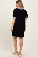 Black Mock Neck Contrast Striped Trim Mini Dress