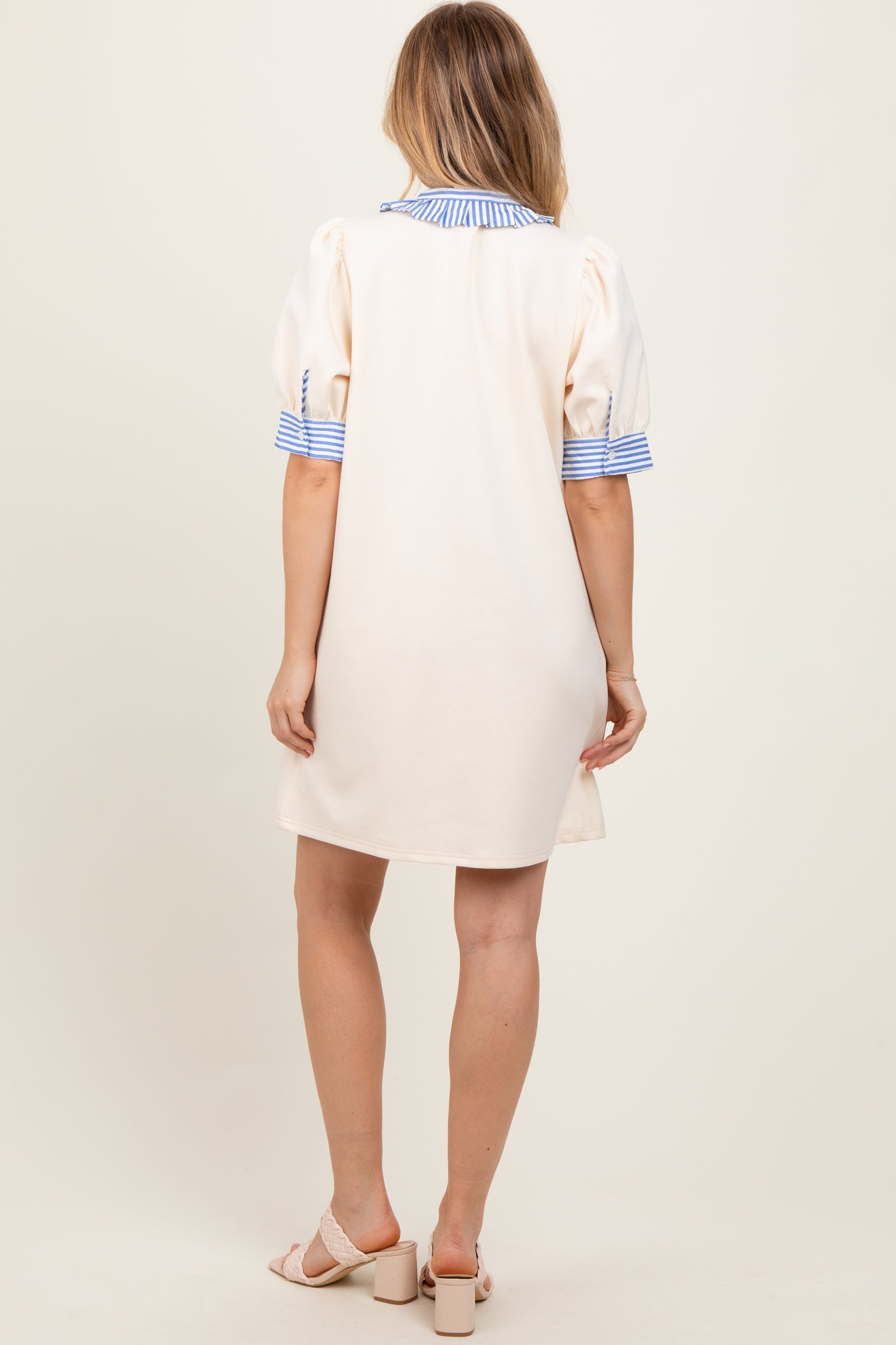 Cream Mock Neck Contrast Striped Trim Mini Dress