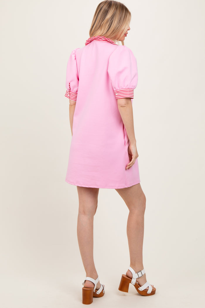 Light Pink Mock Neck Contrast Striped Trim Mini Dress
