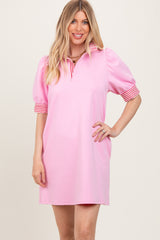 Light Pink Mock Neck Contrast Striped Trim Mini Dress
