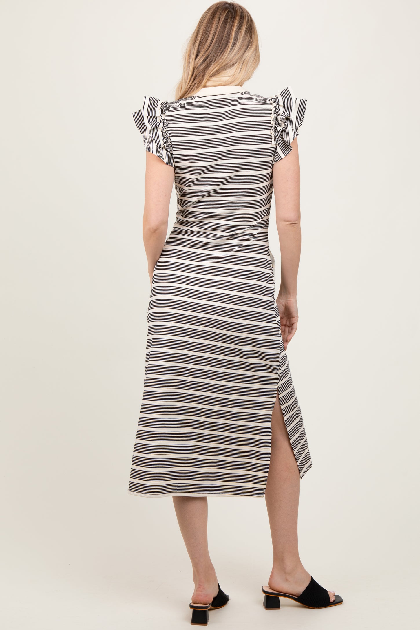 Black Multi-Striped Button Up Ruffle Sleeve Midi Dress