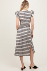 Black Multi-Striped Button Up Ruffle Sleeve Midi Dress