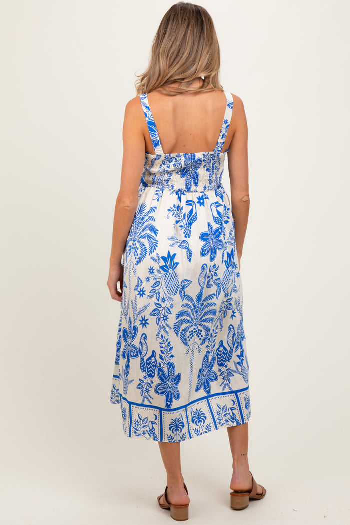 Royal Blue Floral Scallop Trim Maternity Midi Dress