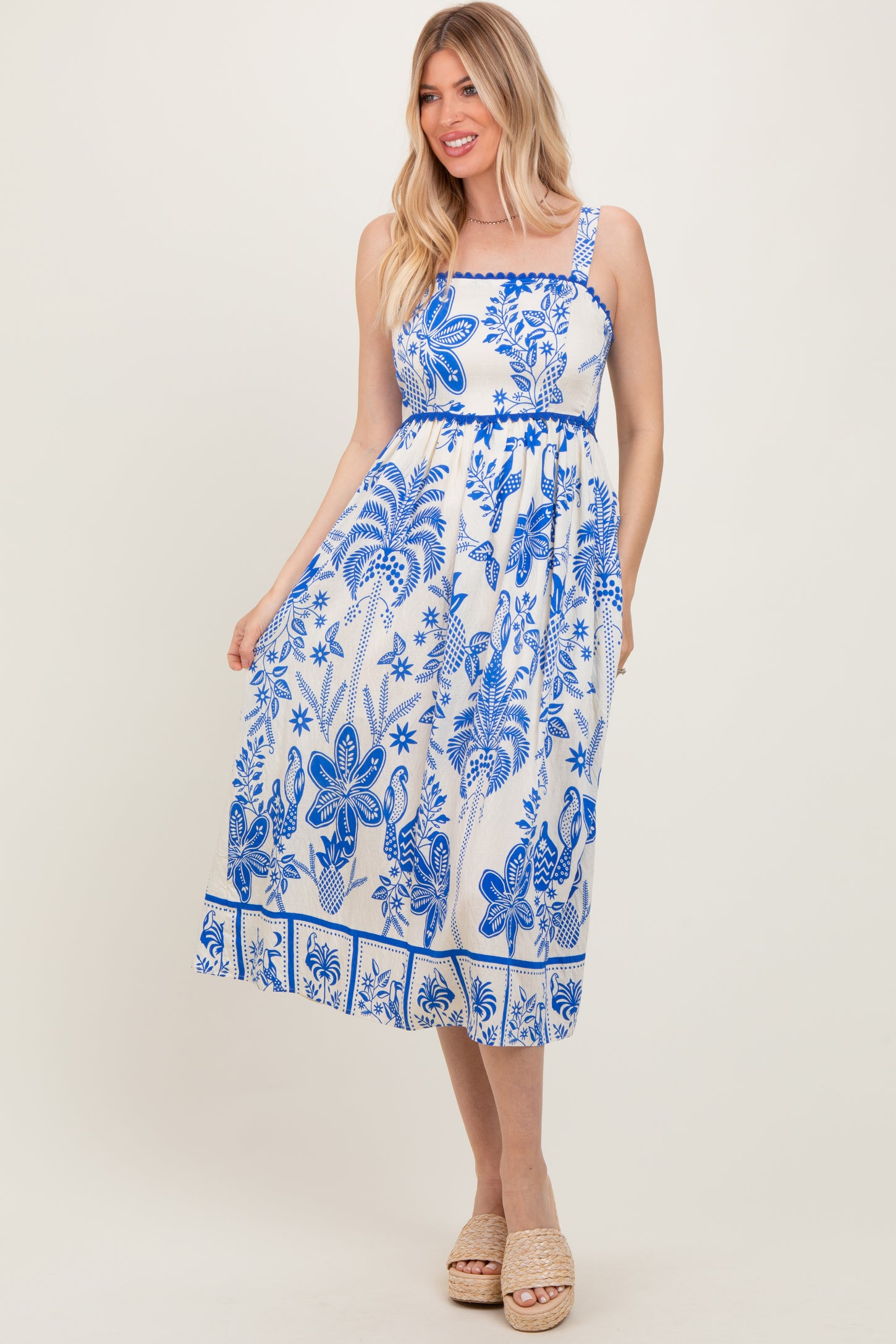 Royal Blue Floral Scallop Trim Midi Dress