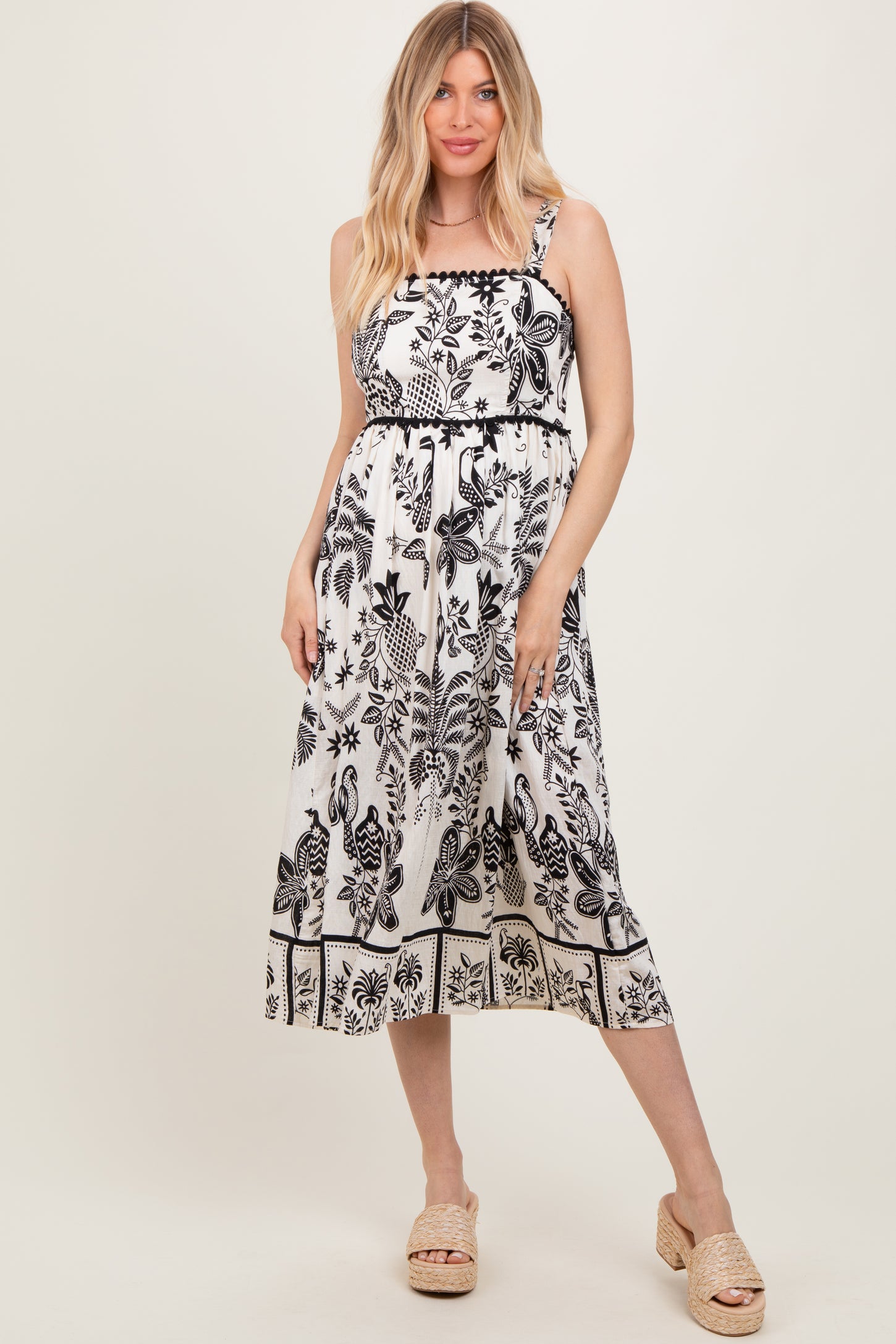 Black Floral Scallop Trim Midi Dress