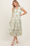 Light Olive Floral Scallop Hem Tiered Midi Dress
