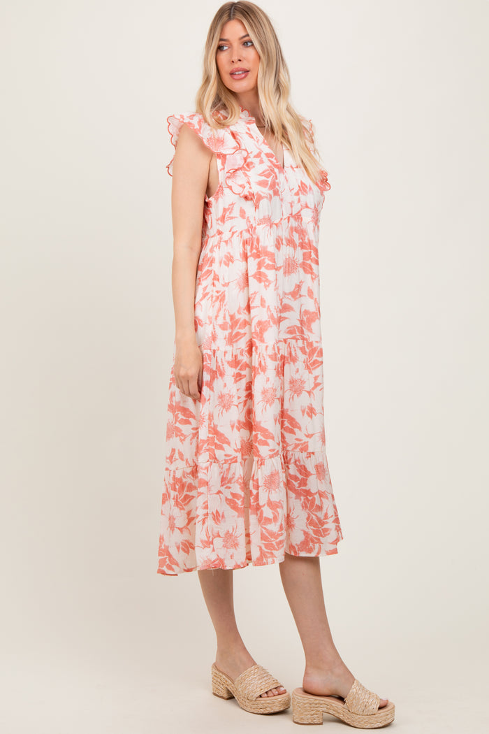 Rust Floral Scallop Hem Tiered Midi Dress