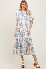 Blue Paisley Button Up Tiered Maxi Dress