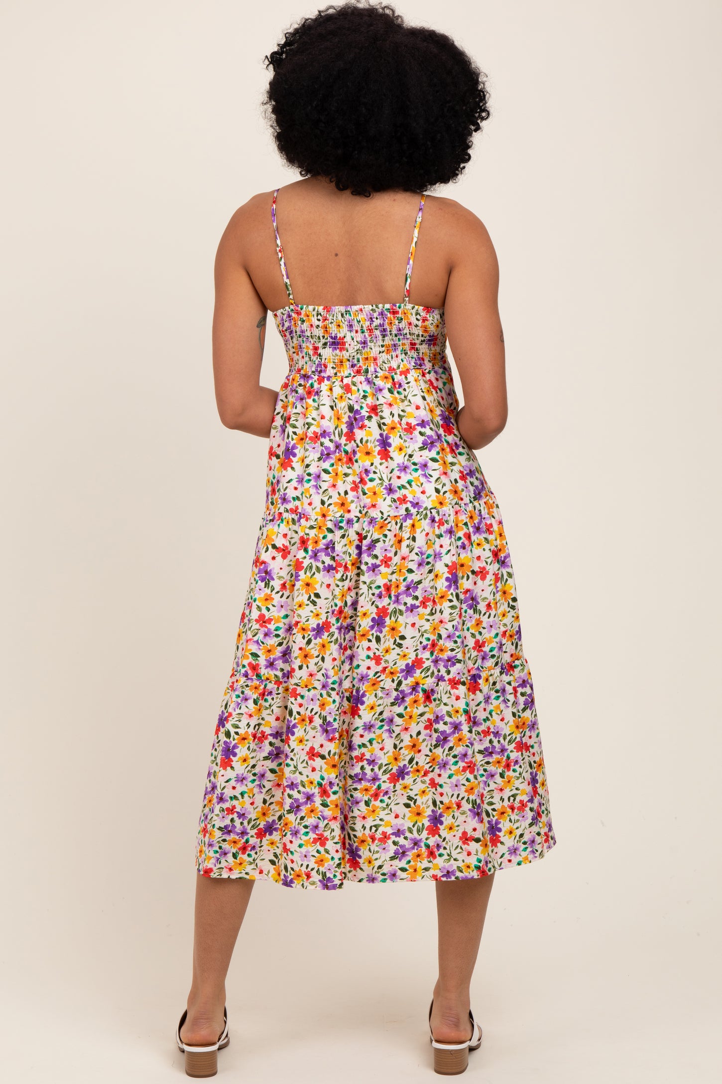 Ivory Floral Cami Strap Midi Dress
