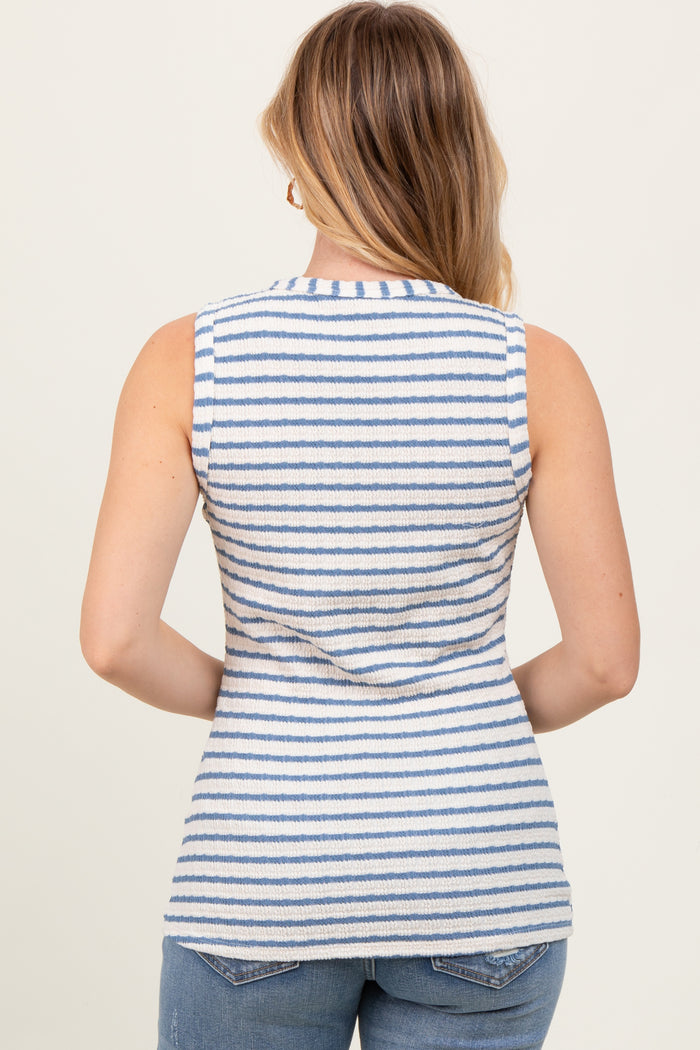 Light Blue Striped Knit Sleeveless V-Neck Tank Top