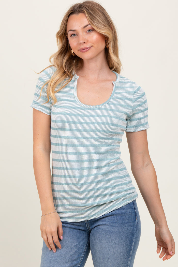 Light Blue Stripe Short Sleeve Round Neck Top