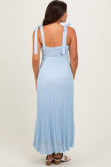 Light Blue Textured Knit Shoulder Tie Maternity Midi Dress